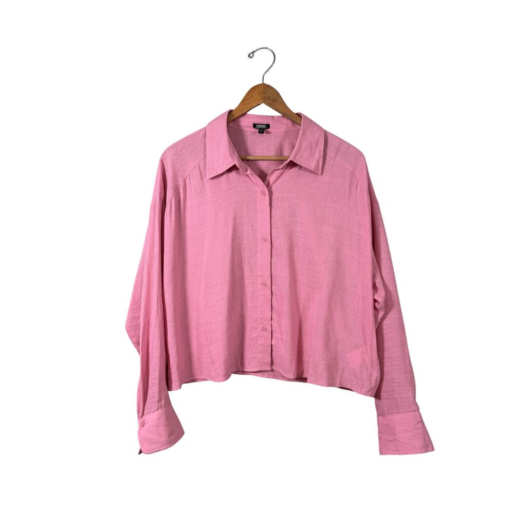 Pink Linen Blend Cropped Boyfriend Button Up Shirt Large Coastal Academia Prep